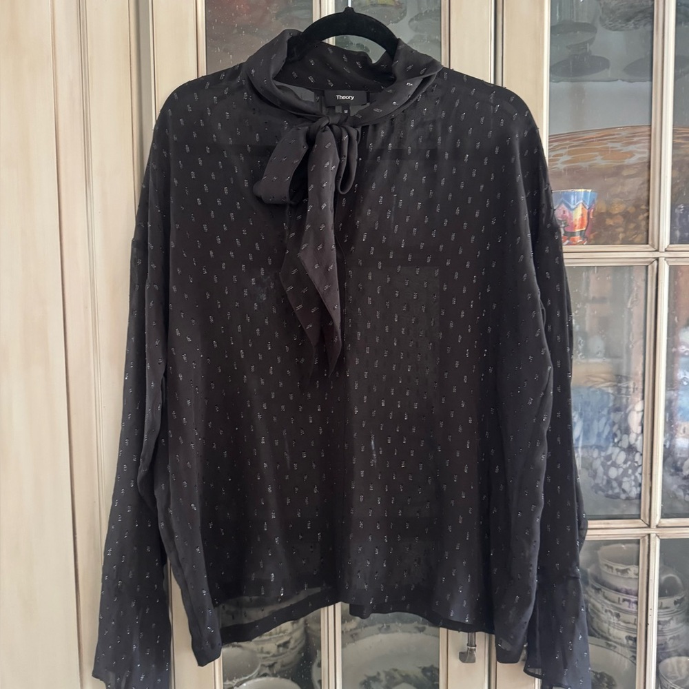 Theory Black Silk Blouse With Bow Tie Sheer Metallic